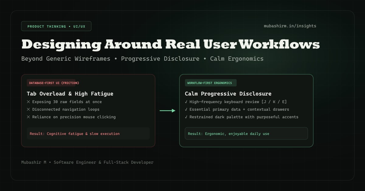Product UX diagram comparing database-first UI friction with workflow-first progressive disclosure and keyboard ergonomics